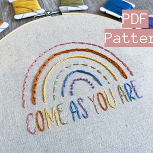 Embroidery PDF Pattern, Come As You Are Stitch Sampler, Beginner Hand Embroidery, Pride Rainbow Embroidery, Ally, Embroidery Hoop