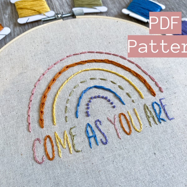 Embroidery PDF Pattern, Come As You Are Stitch Sampler, Beginner Hand Embroidery, Pride Rainbow Embroidery, Ally, Embroidery Hoop