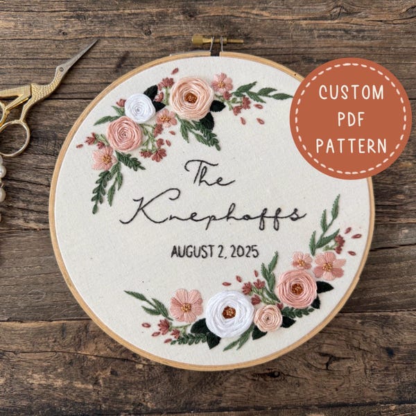 Patrón de bordado con nombre personalizado para ramo de flores: regalo de boda
