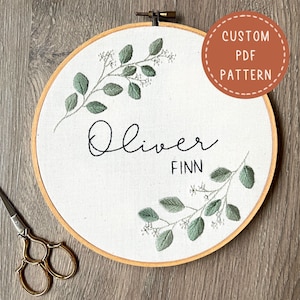 Embroidery PDF Pattern, Eucalyptus Leaf Custom Name Hoop Pattern, Custom Hand Embroidery Pattern, Birth Announcement, Baby Name Pattern