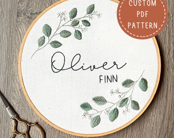 Embroidery PDF Pattern, Eucalyptus Leaf Custom Name Hoop Pattern, Custom Embroidery Pattern, Birth Announcement, DIY Nursery Decor