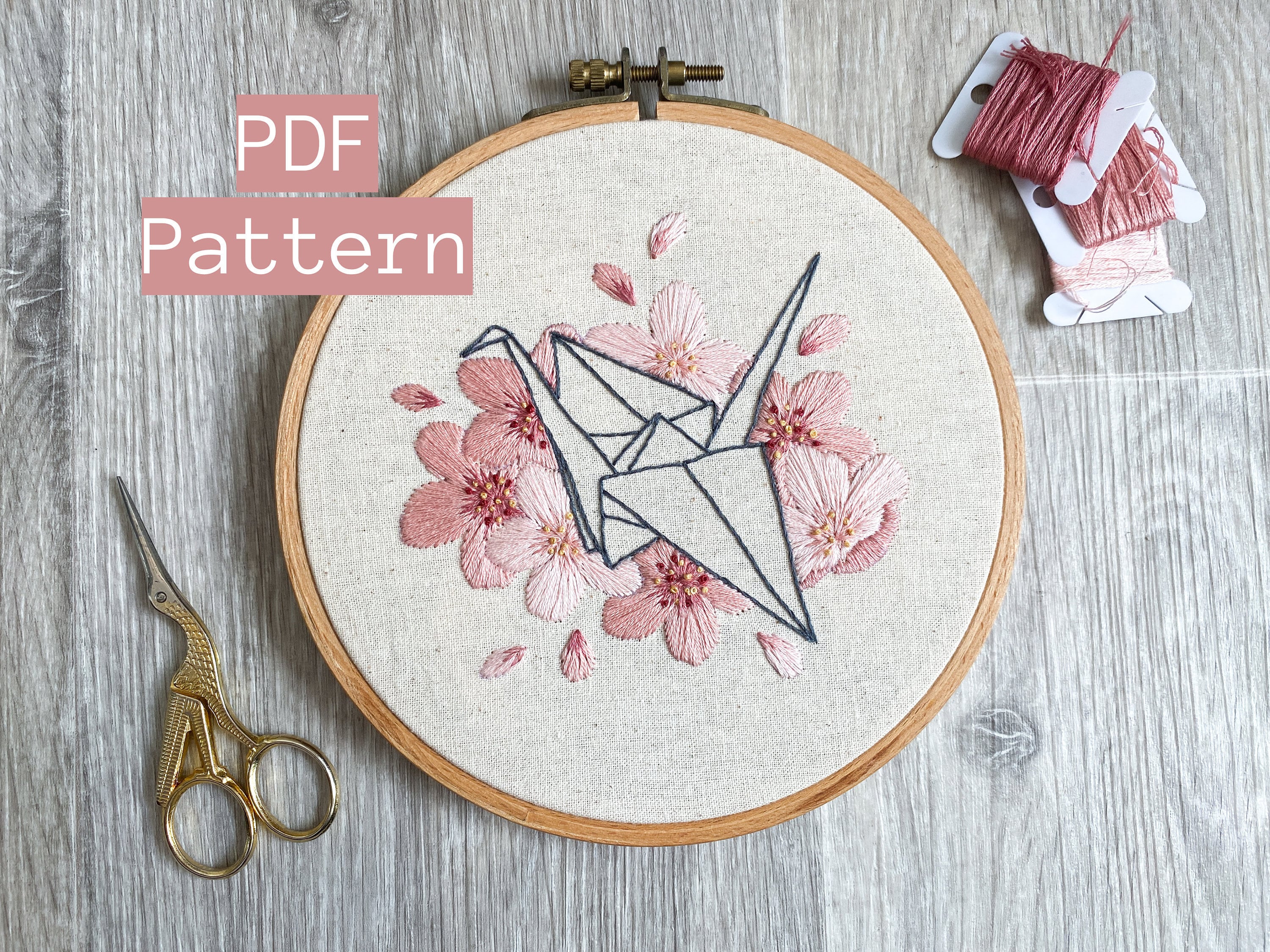 Embroidery PDF Pattern, Paper Crane Embroidery, Cherry Blossom Embroidery, Flower Hand Embroidery, Origami, Sakura Blossom, Japan Inspired
