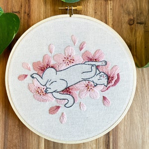 Embroidery PDF Pattern, Sakura Neko, Cherry Blossom Embroidery, Cat Embroidery Pattern, Sakura Blossom, Japan Inspired, Flower Embroidery image 3