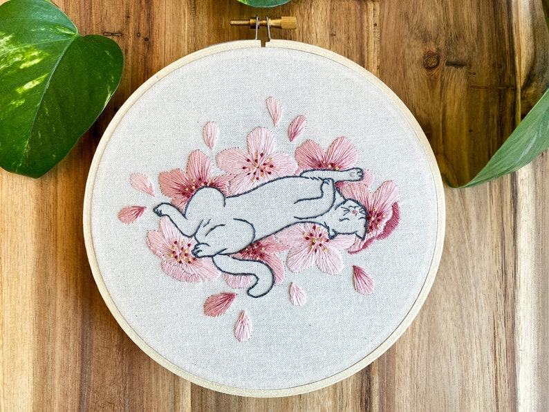 Embroidery PDF Pattern, Sakura Neko, Cherry Blossom Embroidery, Cat Embroidery Pattern, Sakura Blossom, Japan Inspired, Flower Embroidery image 3