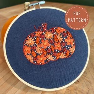 Patrón de bordado en PDF, aro de bordado con flores de calabaza, diseño de bordado de ropa, bordado de calabaza, bordado de Halloween, bordado de otoño