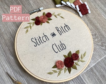 Embroidery PDF Pattern, Stitch and Bitch Club, Funny Embroidery, Hand Embroidery Pattern, Gag Gift, Flower Embroidery, Embroidery Hoop
