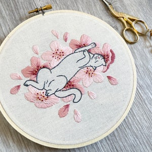 Embroidery PDF Pattern, Sakura Neko, Cherry Blossom Embroidery, Cat Embroidery Pattern, Sakura Blossom, Japan Inspired, Flower Embroidery image 7