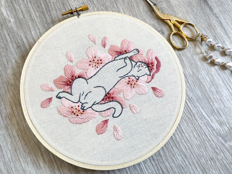 Embroidery PDF Pattern, Sakura Neko, Cherry Blossom Embroidery, Cat Embroidery Pattern, Sakura Blossom, Japan Inspired, Flower Embroidery image 7