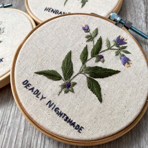 May include: Embroidered hoop art featuring a green plant with purple and yellow flowers. The text "DEADLY NIGHTMADE" is written on the fabric.