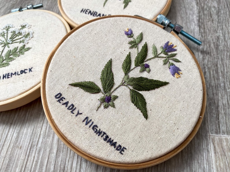 May include: Embroidered hoop art featuring a green plant with purple and yellow flowers. The text "DEADLY NIGHTMADE" is written on the fabric.