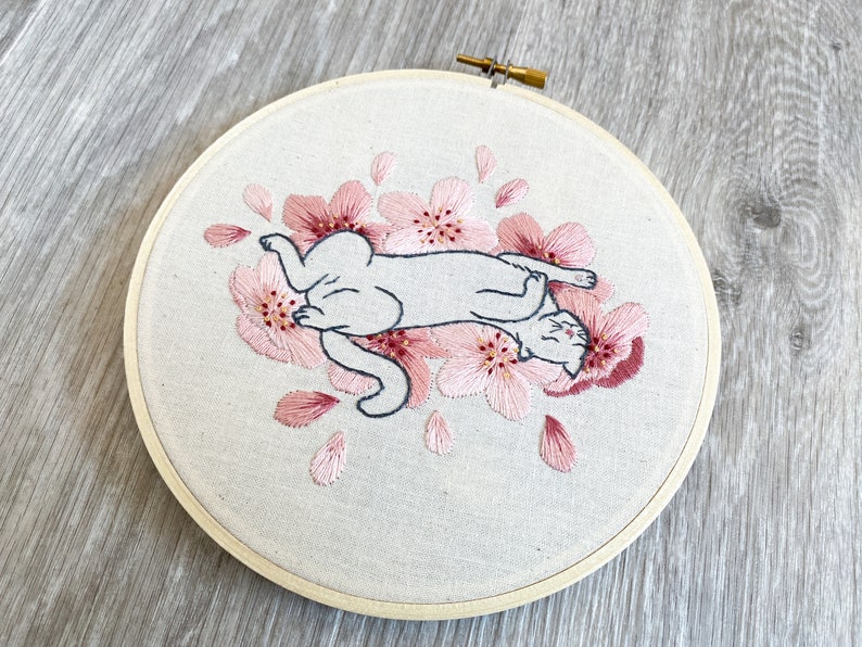 Embroidery PDF Pattern, Sakura Neko, Cherry Blossom Embroidery, Cat Embroidery Pattern, Sakura Blossom, Japan Inspired, Flower Embroidery image 8