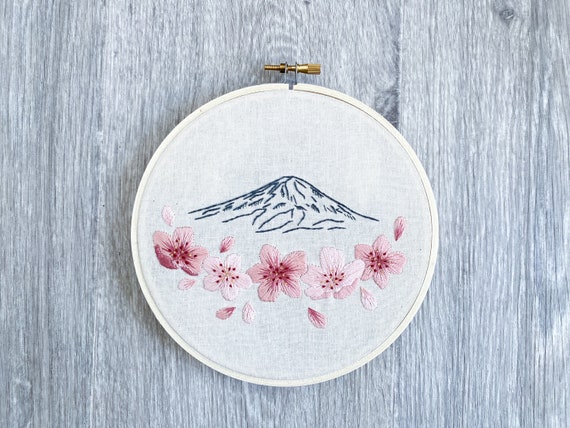 Embroidery PDF Pattern, Mt. Fuji, Cherry Blossom Embroidery