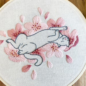 Embroidery PDF Pattern, Sakura Neko, Cherry Blossom Embroidery, Cat Embroidery Pattern, Sakura Blossom, Japan Inspired, Flower Embroidery image 6