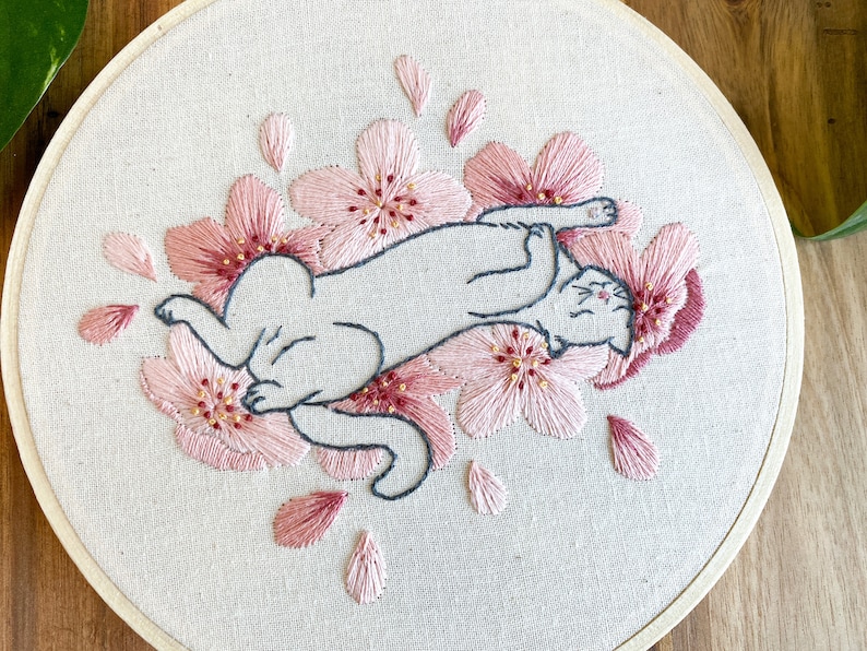 Embroidery PDF Pattern, Sakura Neko, Cherry Blossom Embroidery, Cat Embroidery Pattern, Sakura Blossom, Japan Inspired, Flower Embroidery image 6