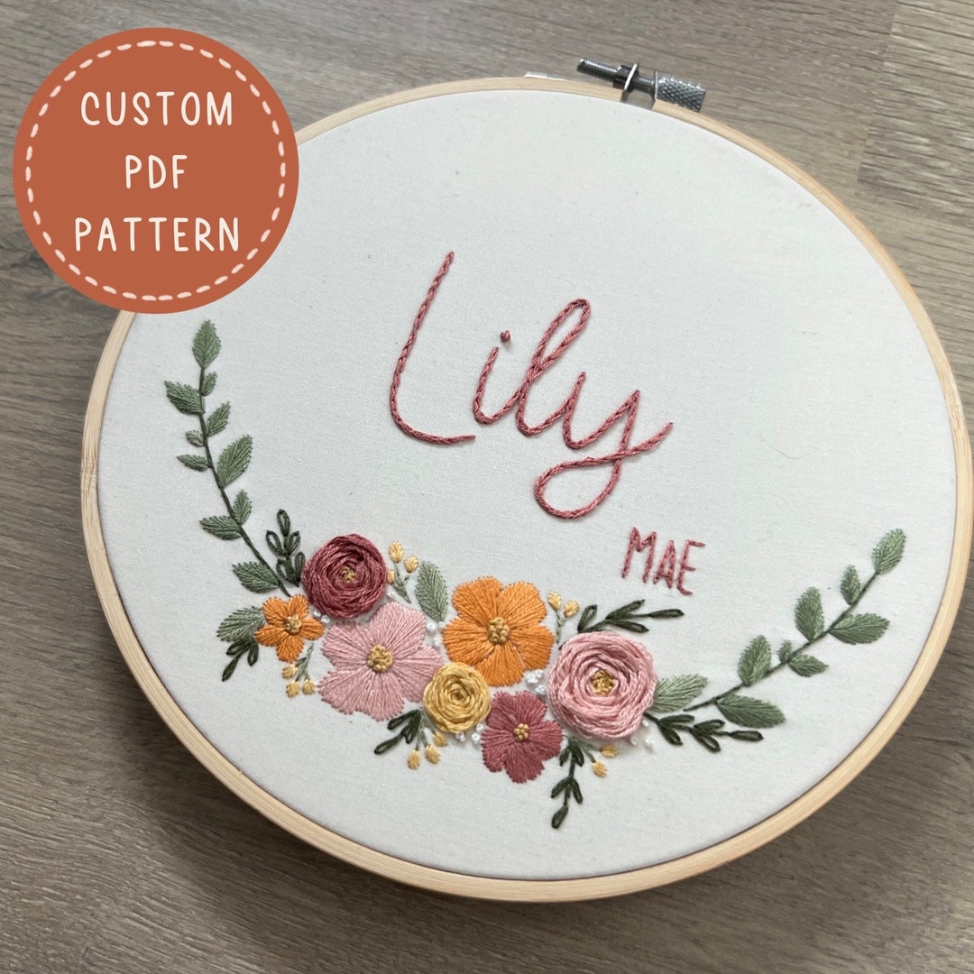 Wildflower Custom Name Embroidery Pattern: Baby Birth Announcement (PDF ...