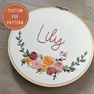 Modello di ricamo personalizzato con nome Wildflower: annuncio di nascita (modello PDF)