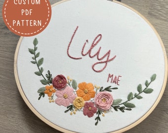 Embroidery PDF Pattern, Wildflower Custom Name Hoop Pattern, Custom Embroidery Pattern, Birth Announcement, DIY Nursery Decor