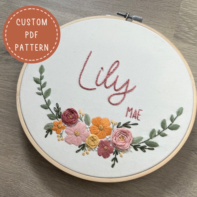 Wildflower Custom Name Embroidery Pattern: Baby Birth Announcement (PDF ...