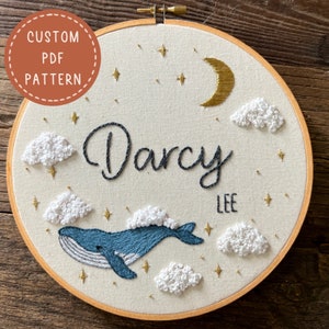 Embroidery PDF Pattern, Star Surfer Whale Custom Name Hoop Pattern, Custom Embroidery Pattern, Birth Announcement, DIY Nursery Decor