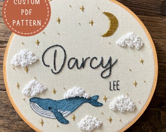 Embroidery PDF Pattern, Star Surfer Whale Custom Name Hoop Pattern, Custom Embroidery Pattern, Birth Announcement, DIY Nursery Decor