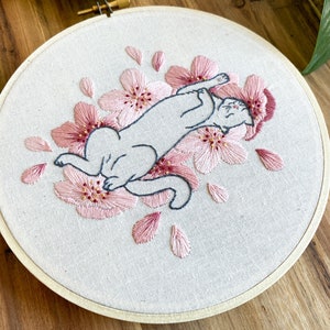 Embroidery PDF Pattern, Sakura Neko, Cherry Blossom Embroidery, Cat Embroidery Pattern, Sakura Blossom, Japan Inspired, Flower Embroidery image 4