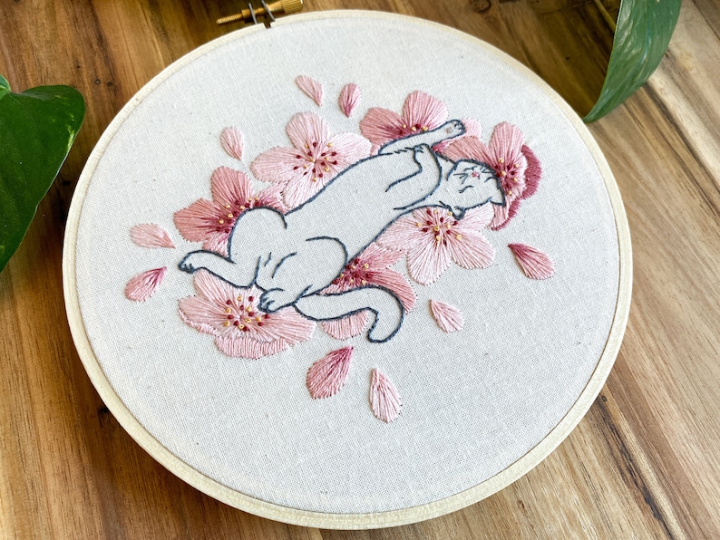 Embroidery PDF Pattern, Sakura Neko, Cherry Blossom Embroidery, Cat Embroidery Pattern, Sakura Blossom, Japan Inspired, Flower Embroidery image 4