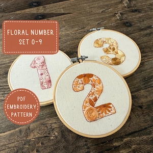 Conjunto de patrones de bordado de números florales: Números del 0 al 9 (patrón de bordado en PDF)