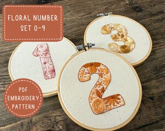 Set borduurpatronen met bloemennummers: cijfers 0-9 (pdf-borduurpatroon)