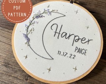 Embroidery PDF Pattern, Wildflower Moon Custom Name Hoop Pattern, Custom Embroidery Pattern, Birth Announcement, DIY Nursery Decor