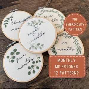 ユーカリの葉の赤ちゃんのマイルストーン刺繍パターン（PDFパターン）、12ヶ月