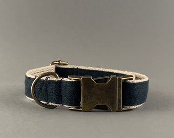 Dark green Hemp Dog Collar with hemp fabric and custom metal hardware, Handmade collar with spruce fabric