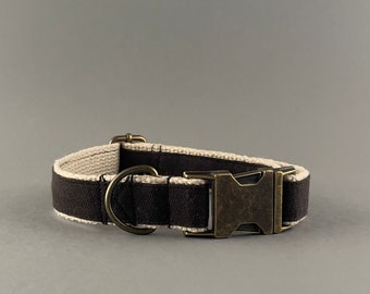 Dark brown Hemp Dog Collar with hemp fabric and custom metal hardware, Hemp dog accessories