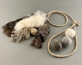 Cat Toy Set with Natural Rabbit Fur, Hemp Monkeyfist and Wool Balls