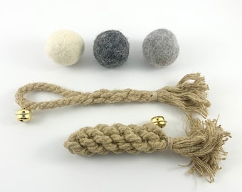 Cat Play Set with 5 Toys - 3 wool balls and 2 hemp rope toys with bells