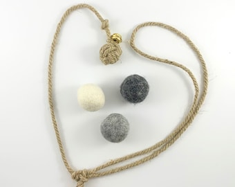 4 Cat Toys - Hemp monkeyfist toys with bell and 3 natural wool balls