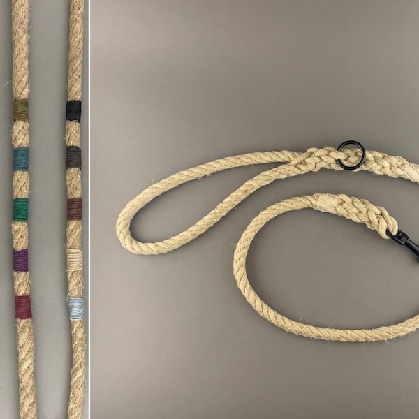 Natural hemp rope leash with colorful hemp twine accents, Handmade custom lead