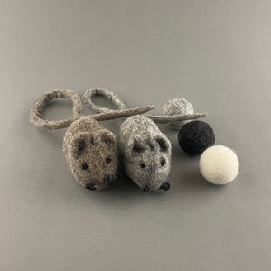 Può includere: Due giocattoli di topo in feltro con code lunghe, uno grigio e uno marrone, con tre palline di feltro sullo sfondo: una grigia, una nera e una bianca.