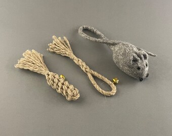 Set of 3 Cat Toys handmade from natural wool and hemp, cat toys with bell