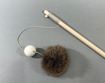 Handmade cat teaser toy with wool and fur ball, Natural cat wand toy