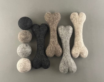 Wool bone + wool ball set, two handmade wool dog toys