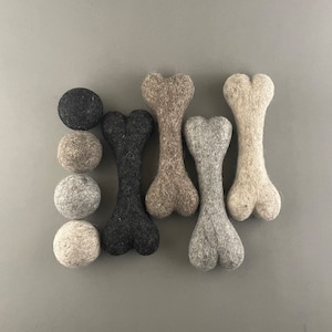Wool bone + wool ball set, two handmade wool dog toys