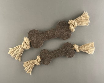 Wool felt bone and hemp rope dog toy in two sizes