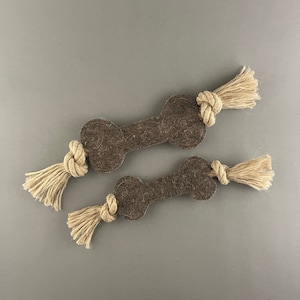 Wool felt bone and hemp rope dog toy in two sizes