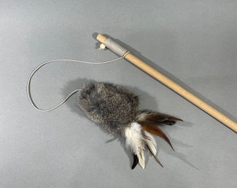 Natural wand toy, Cat teaser with rabbit fur and feathers