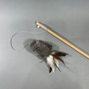 Natural wand toy, Cat teaser with rabbit fur and feathers
