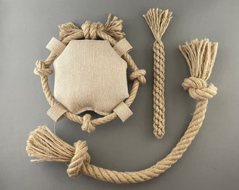 3 Dog Toys - Natural Hemp rope Dental toy, Simple rope toy and the Flying toy. Organic alternative to plastic toys.