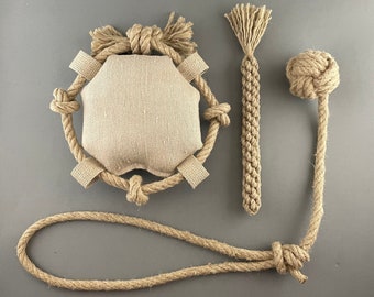 3 Natural Dog Toy Set All Made from Hemp Rope and 100% Hemp Fabric