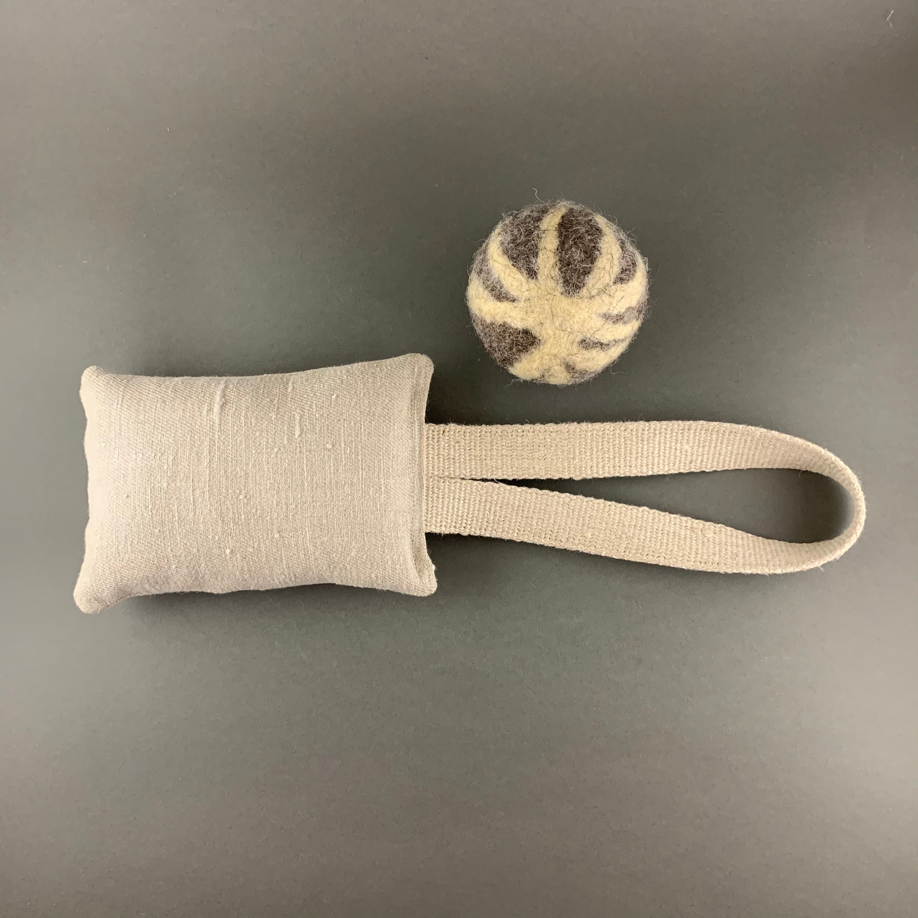 Fun set of hemp dog TUG TOY  + natural wool  ball for dog in different sizes
