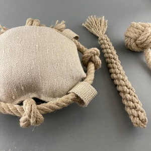 3 Natural Dog Toy Set All Made from Hemp Rope and 100% Hemp Fabric image 3