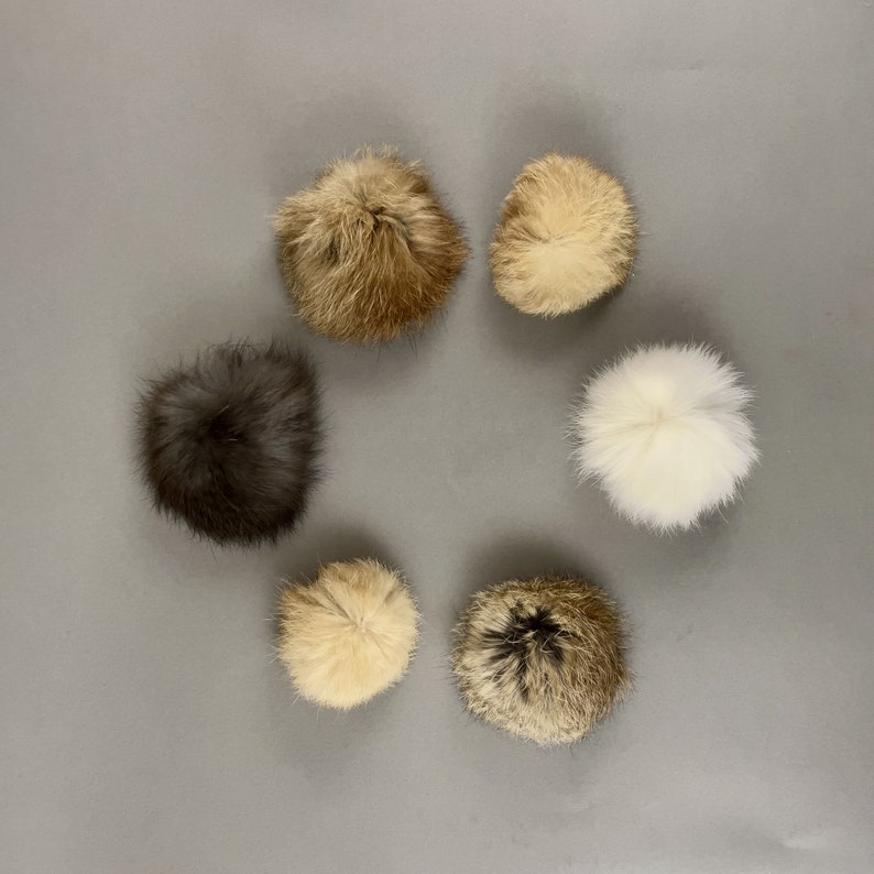 Genuine rabbit fur pom pom ball cat toy bundle with six handmade fur balls filled with natural wool for cat